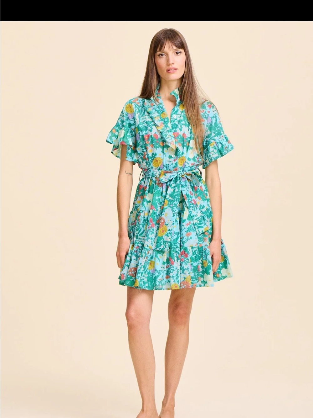 Floral Ruffle Tie-Waist Mini Dress in Teal Green